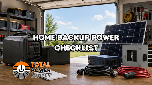 home backup power checklist with generator battery inverter solar panel cables and planning notes