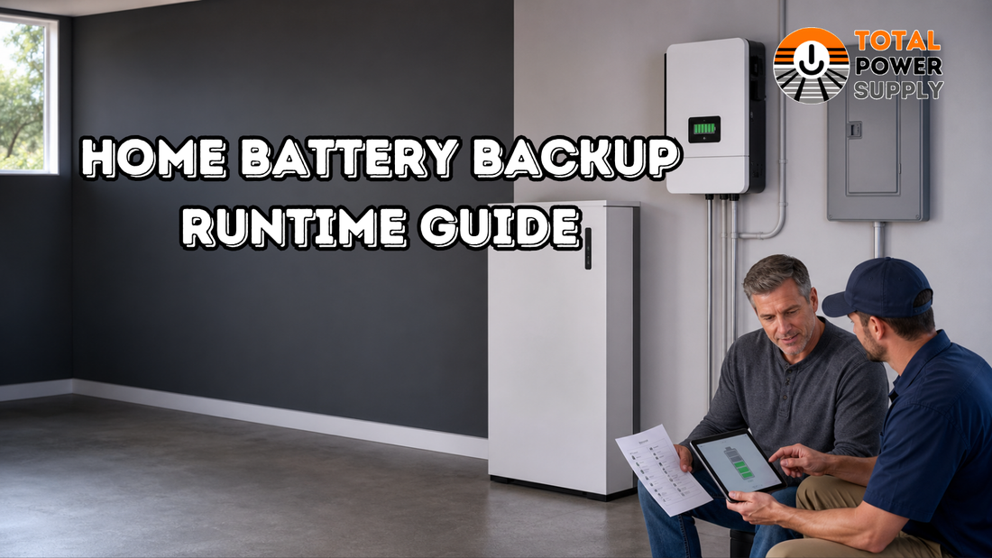 Home battery backup equipment with two people reviewing runtime information on a tablet and load sheet