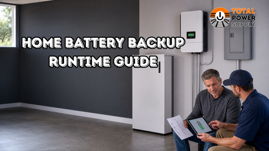 Home battery backup equipment with two people reviewing runtime information on a tablet and load sheet
