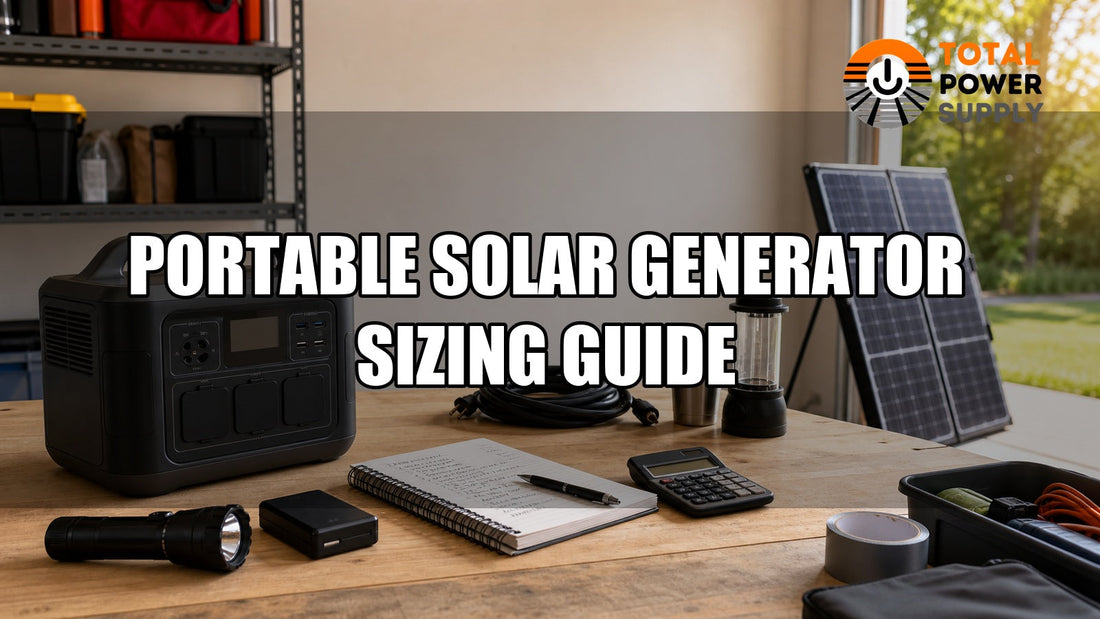 portable solar generator sizing guide with power station, solar panel, load list, calculator, and backup gear