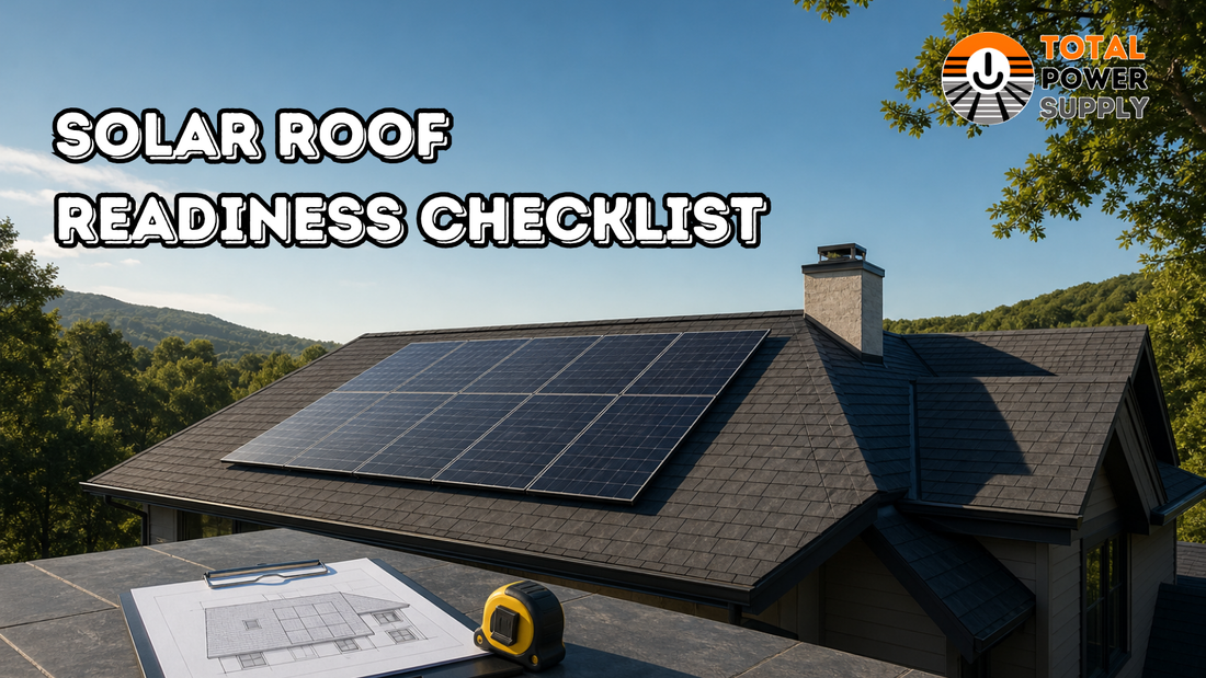 Graphic reading “SOLAR ROOF READINESS CHECKLIST” above solar panels on a dark shingle roof, with a chimney, house plan on a clipboard, yellow tape measure, trees, wooded hills, and blue sky; Total Power Supply logo at top right.