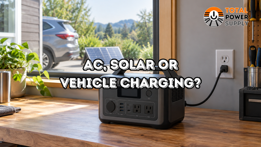 Illustrative power station charging from a wall outlet, with a separate solar panel and vehicle outside and the Total Power Supply logo.