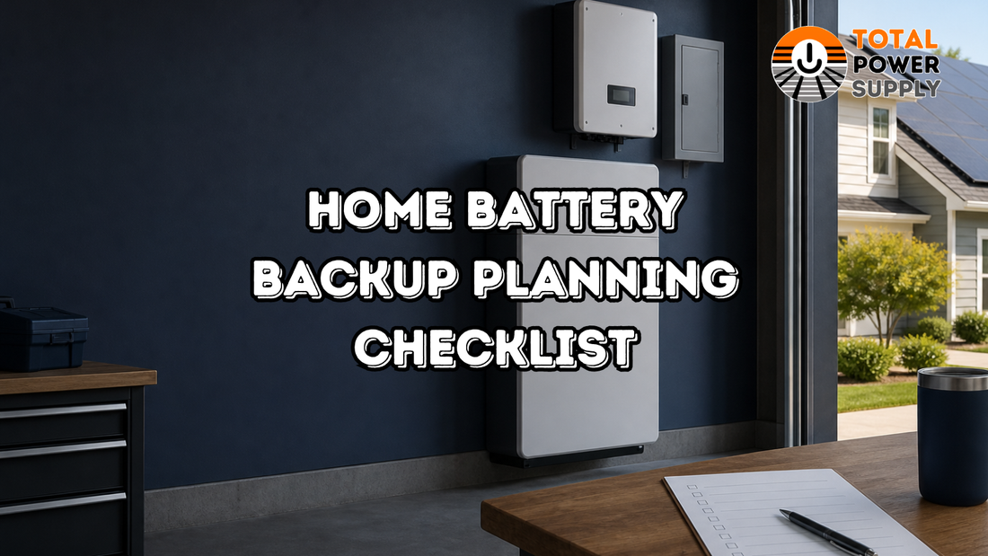 Home battery backup planning checklist showing wall-mounted backup equipment and a planning sheet, with the Total Power Supply logo.