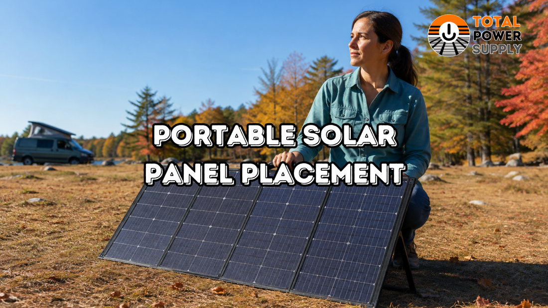 Portable solar panel placement at an autumn campsite, with a woman beside a folding panel and the Total Power Supply logo.