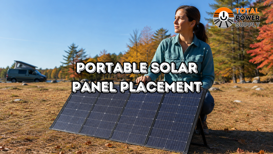 Portable solar panel placement at an autumn campsite, with a woman beside a folding panel and the Total Power Supply logo.