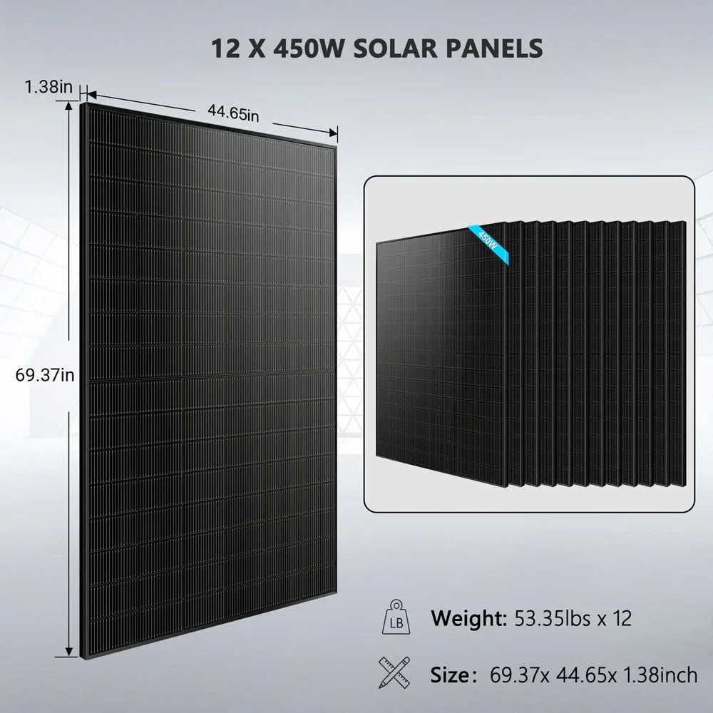 Off-Grid Solar Kit 10KW 48VDC 120V/240V LifePo4 20.48KWH Lithium Battery 12 X 450 Watts Solar Panels SGR-10K20E