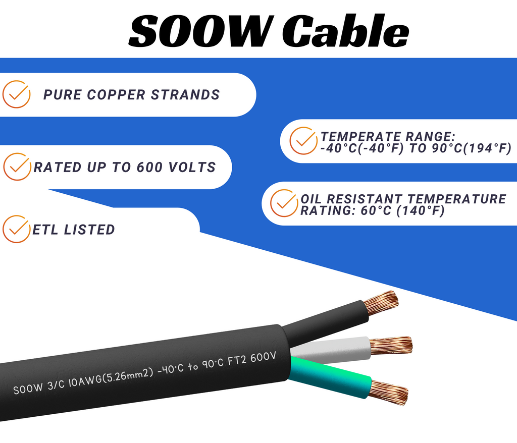 WindyNation 10/3 SOOW Cable Cord Wire - 10 Gauge 10 AWG 3 Cond. 600V
