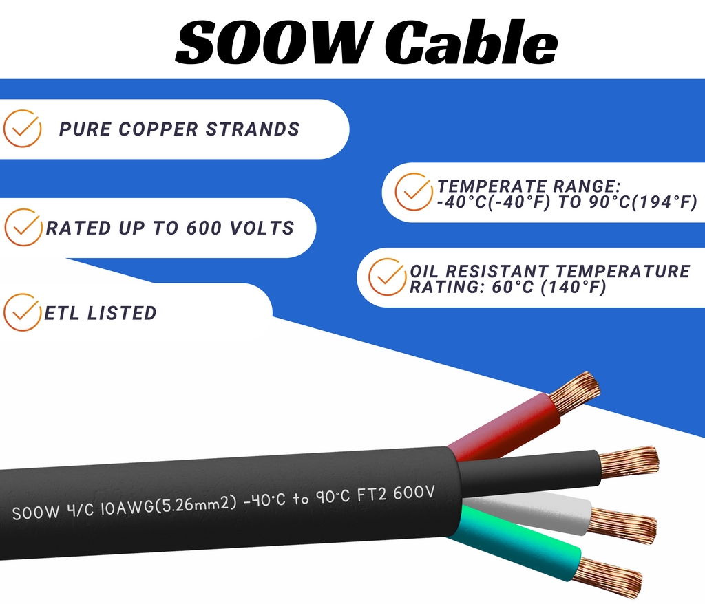 WindyNation 10/4 SOOW Cable Cord Wire - 10 Gauge 10 AWG 4 Cond. 600V