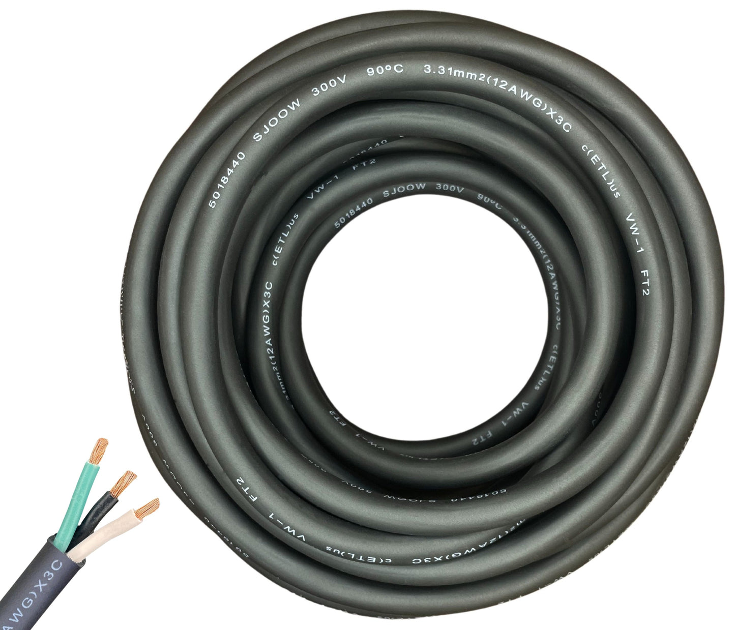 WindyNation 12/3 SJOOW Cable Cord Wire - 12 Gauge 12 AWG 3 Cond. 300V