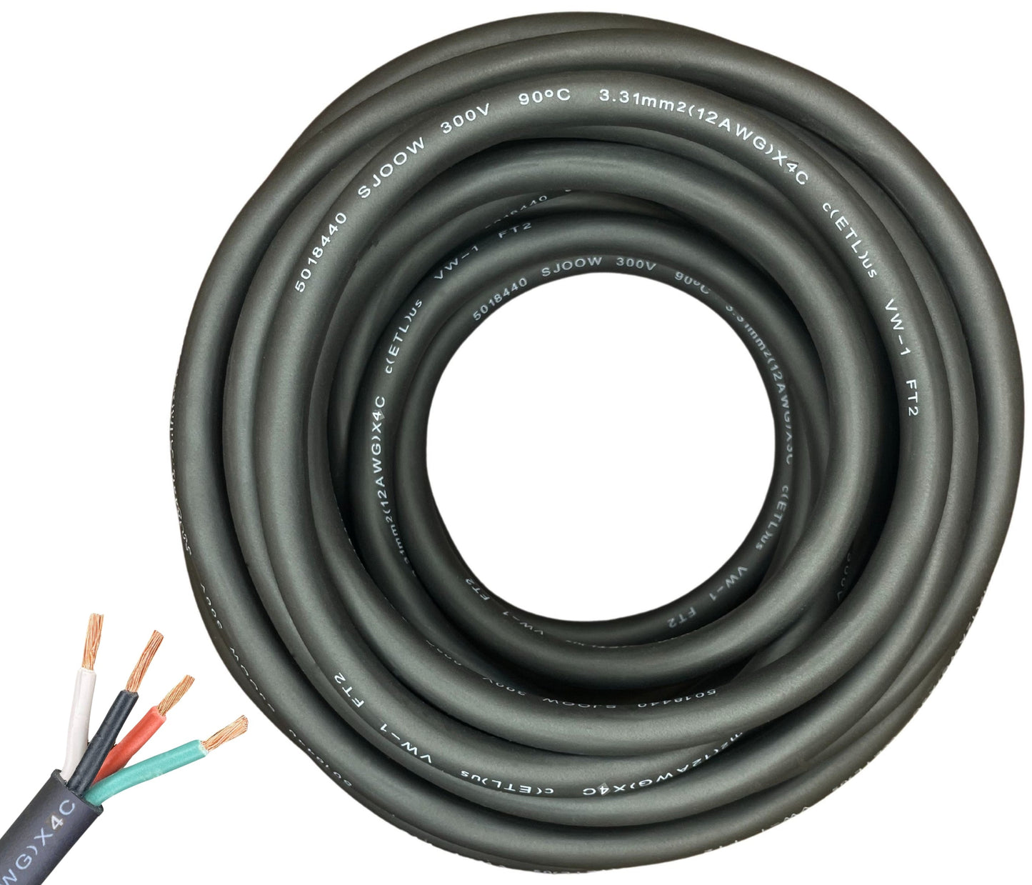 WindyNation 12/4 SJOOW Cable Cord Wire - 12 Gauge 12 AWG 4 Cond. 300V