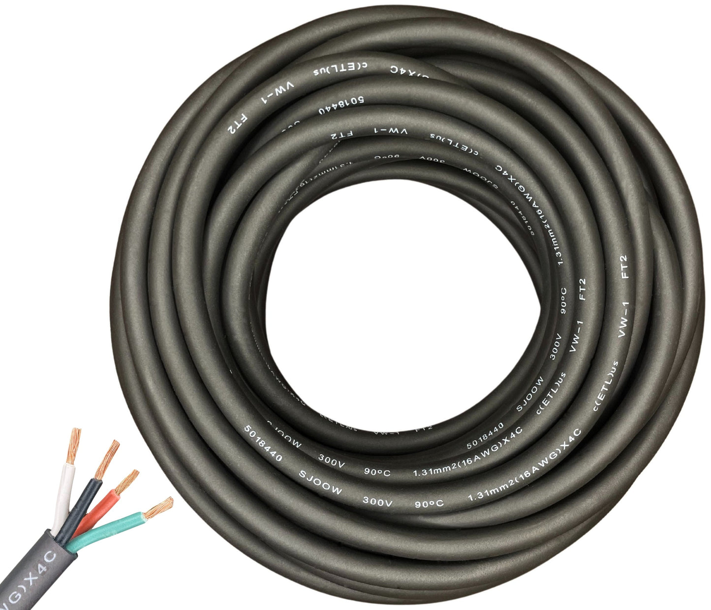 WindyNation 16/4 SJOOW Cable Cord Wire - 16 Gauge 16 AWG 4 Cond. 300V