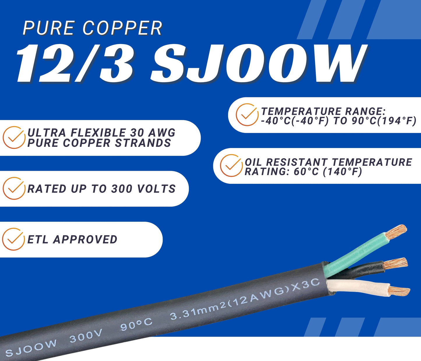 WindyNation 12/3 SJOOW Cable Cord Wire - 12 Gauge 12 AWG 3 Cond. 300V