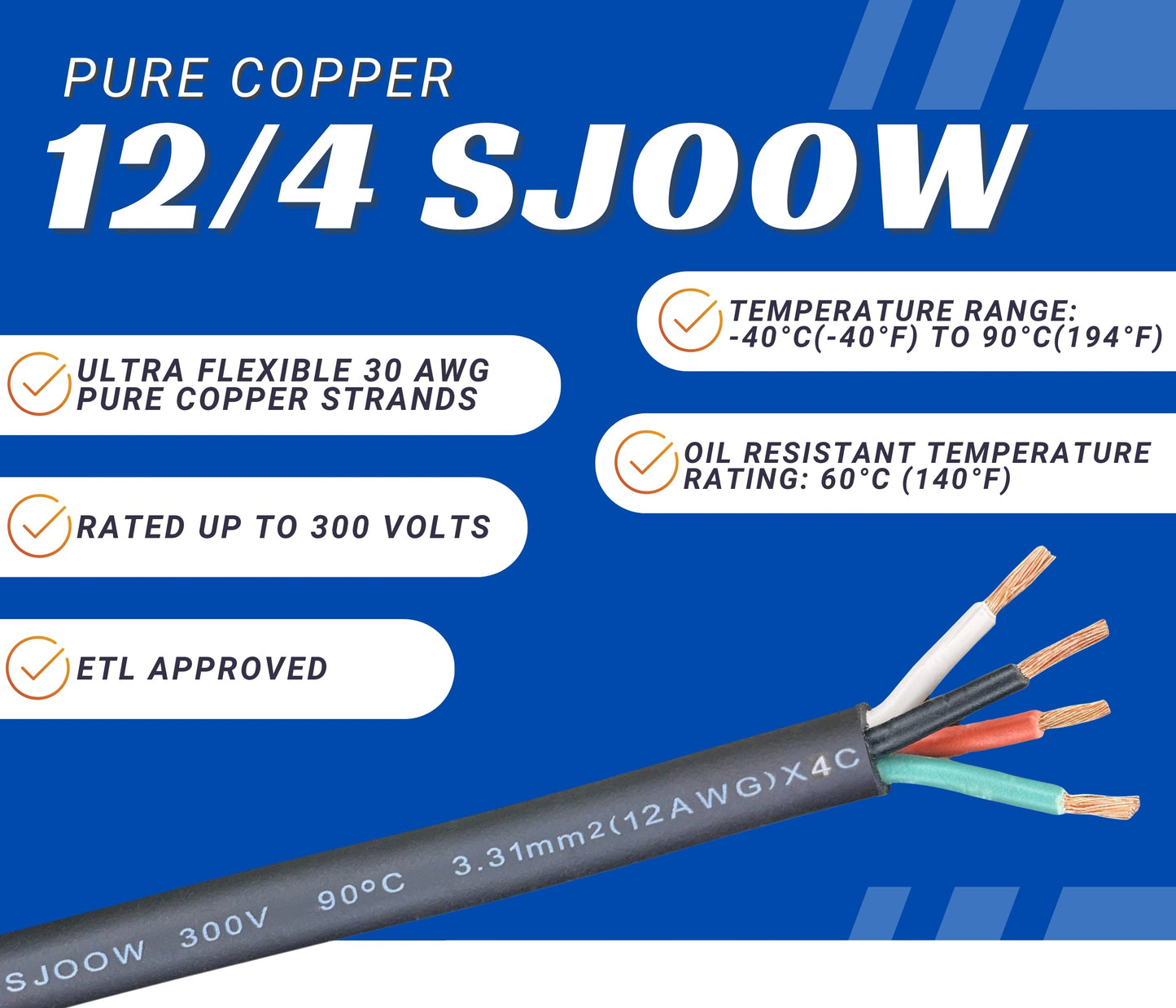 WindyNation 12/4 SJOOW Cable Cord Wire - 12 Gauge 12 AWG 4 Cond. 300V
