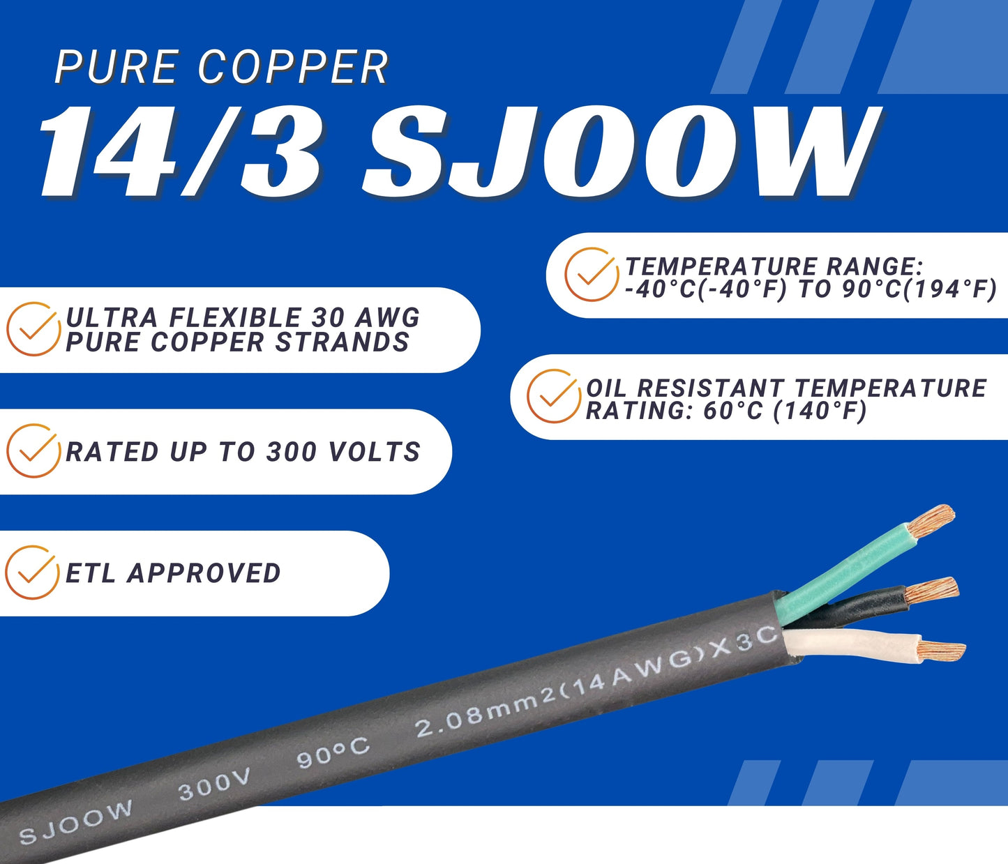 WindyNation 14/3 SJOOW Cable Cord Wire - 14 Gauge 14 AWG 3 Cond. 300V
