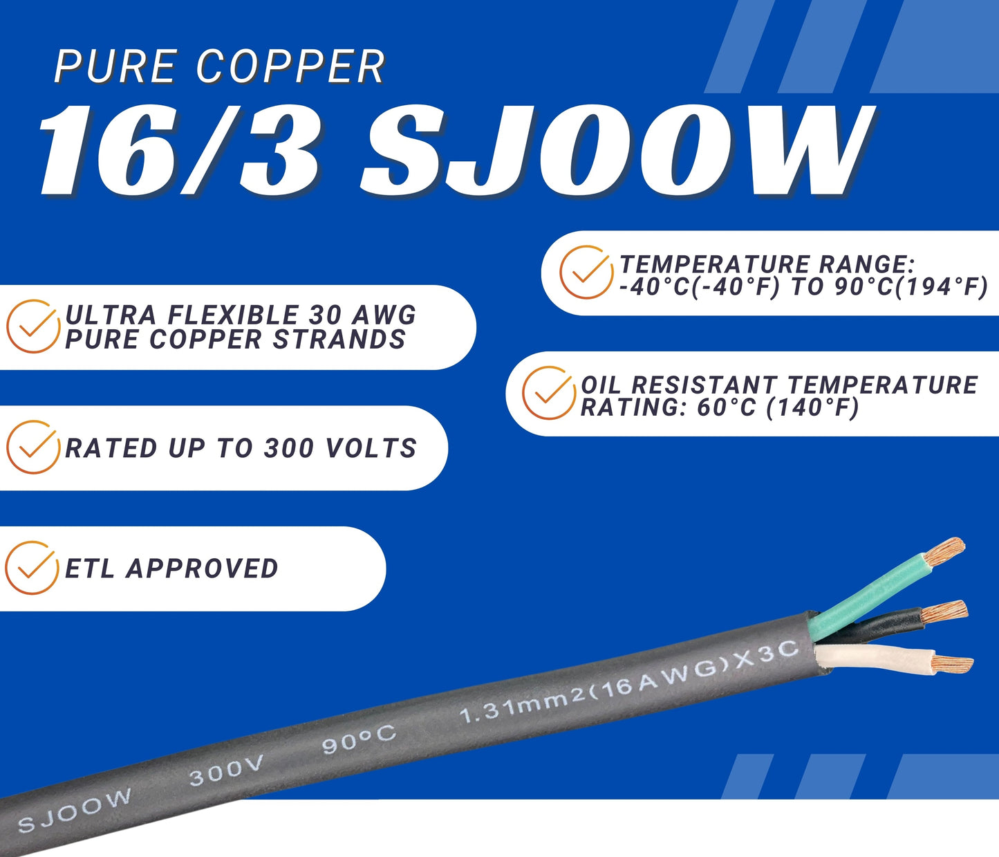 WindyNation 16/3 SJOOW Cable Cord Wire - 16 Gauge 16 AWG 3 Cond. 300V