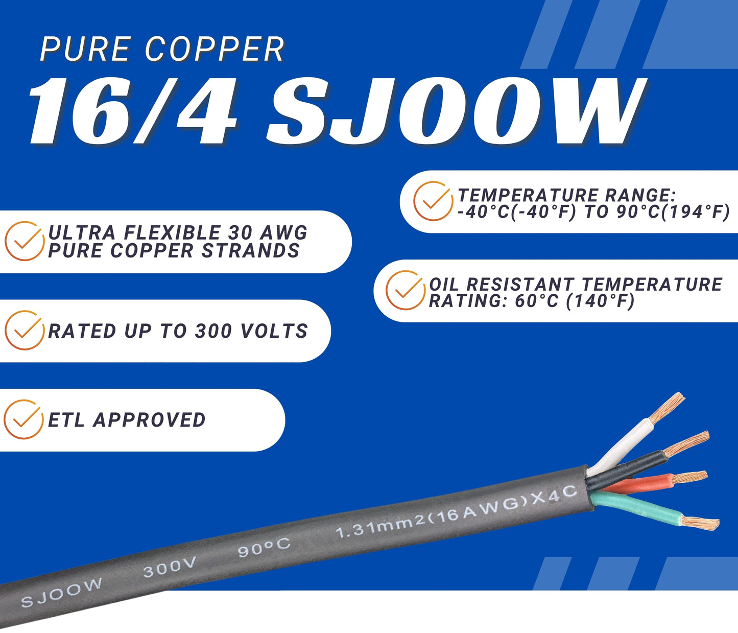 WindyNation 16/4 SJOOW Cable Cord Wire - 16 Gauge 16 AWG 4 Cond. 300V