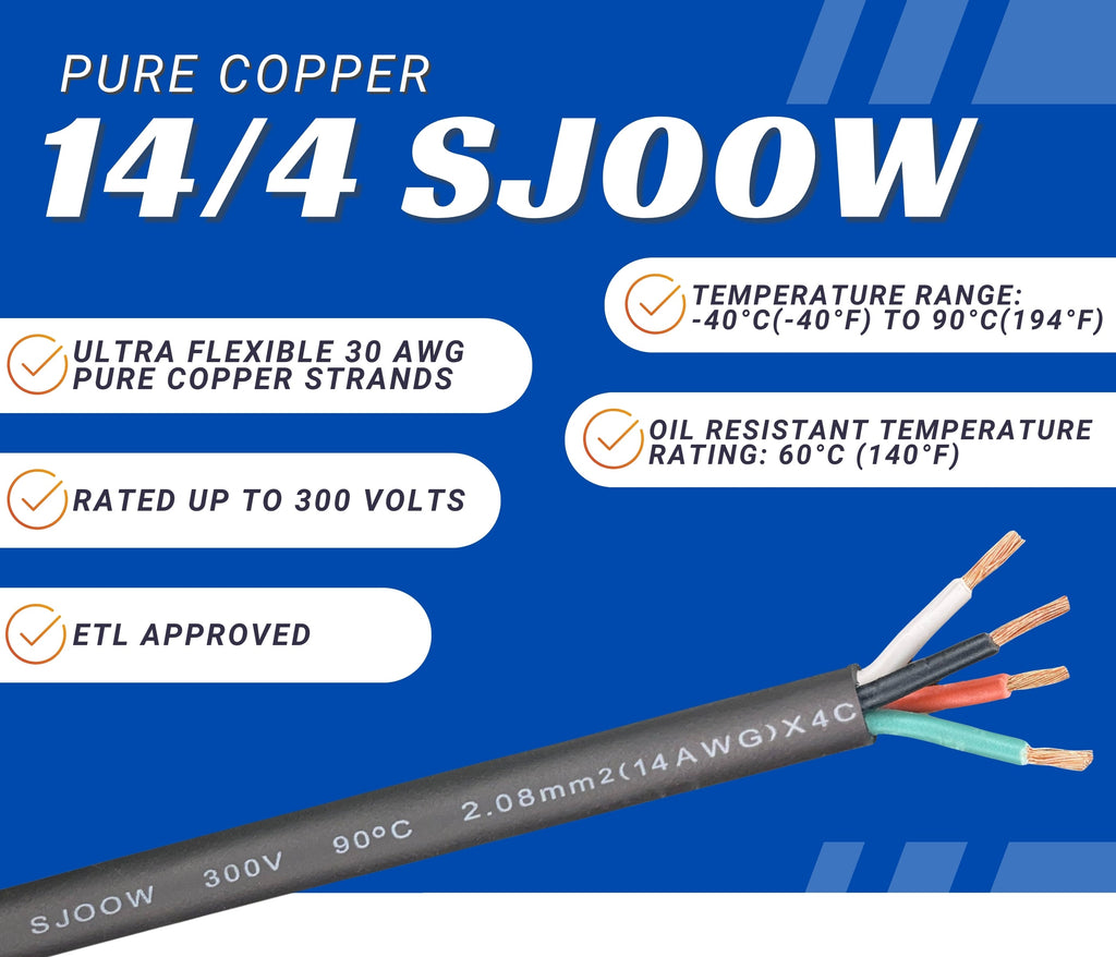 WindyNation 14/4 SJOOW Cable Cord Wire - 14 Gauge 14 AWG 4 Cond. 300V