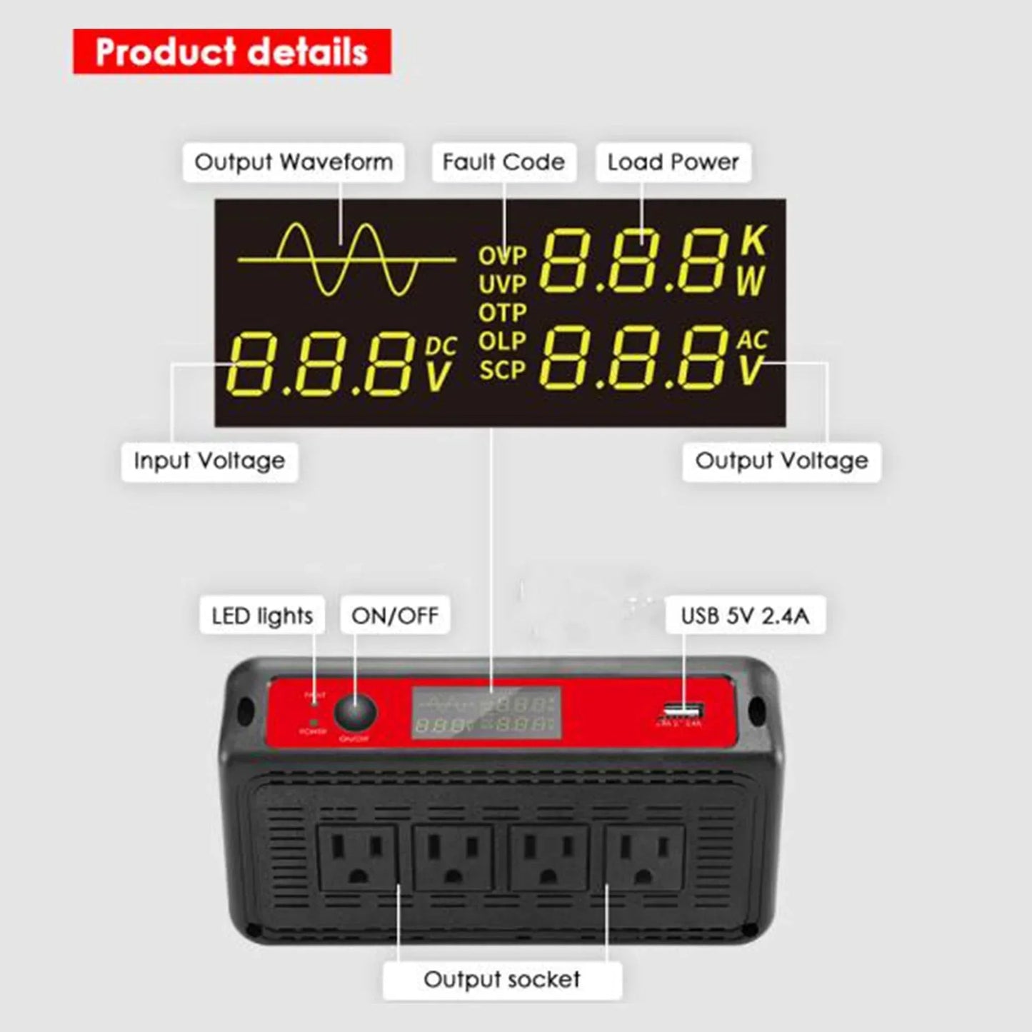 ACOPOWER 1500W 12V Pure Sine Wave Inverter
