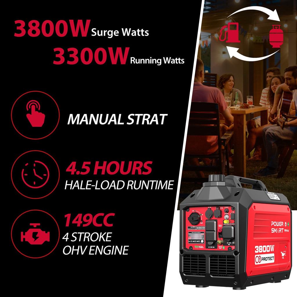 PowerSmart 3800W/3500W Gas/Propane Dual Fuel Inverter Generator w/ CO