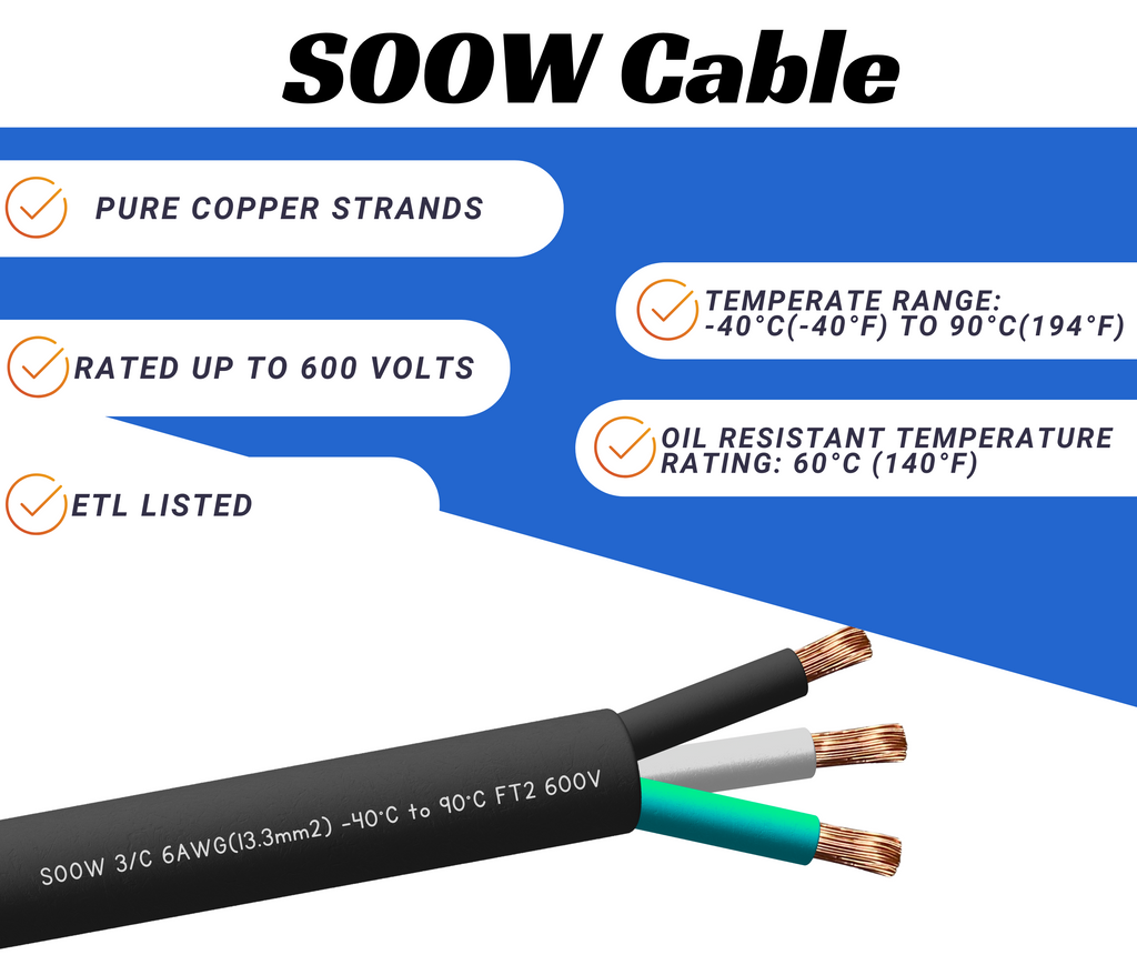 WindyNation 6/3 SOOW Cable Cord Wire - 6 Gauge 6 AWG 3 Cond. 600V
