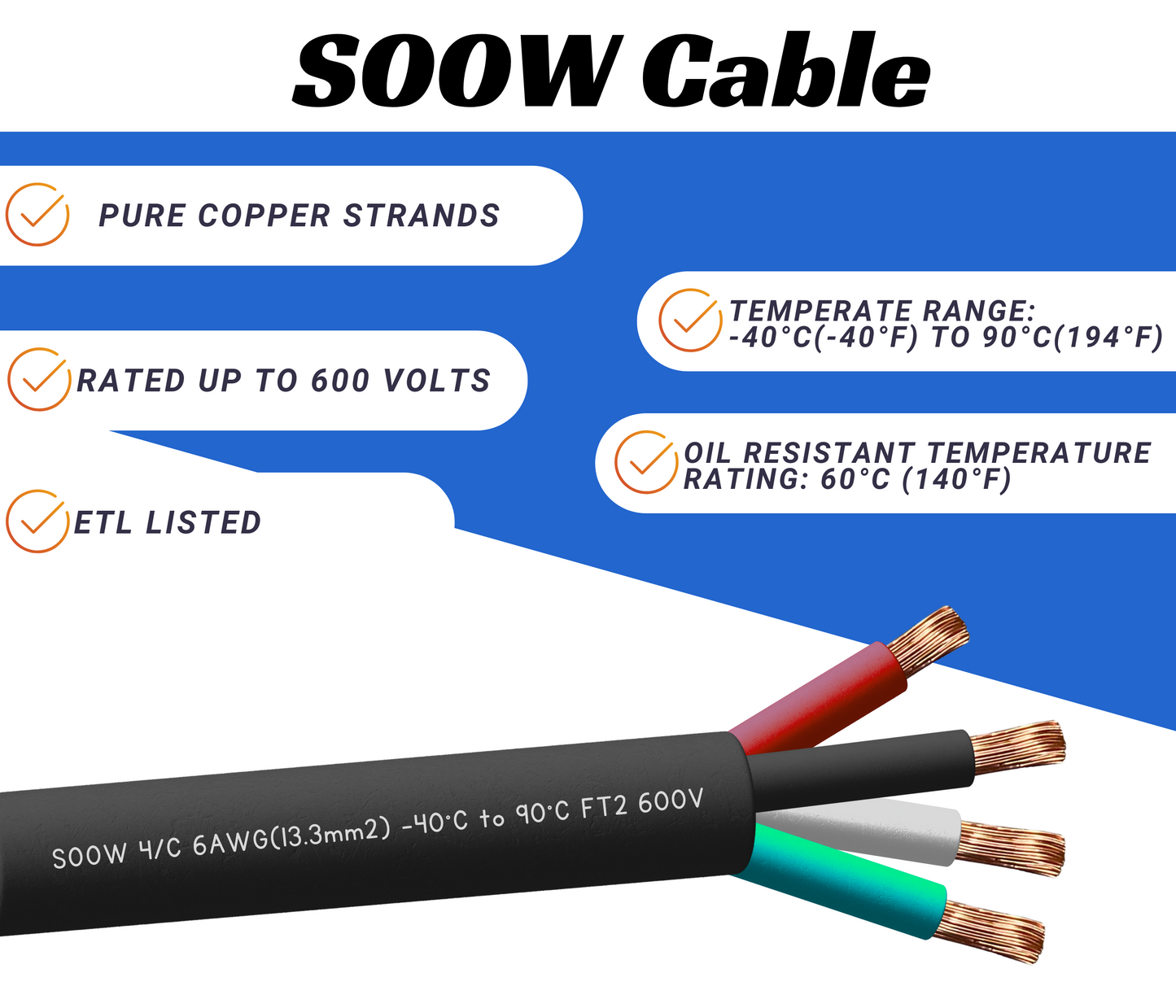 WindyNation 6/4 SOOW Cable Cord Wire - 6 Gauge 6 AWG 4 Cond. 600V