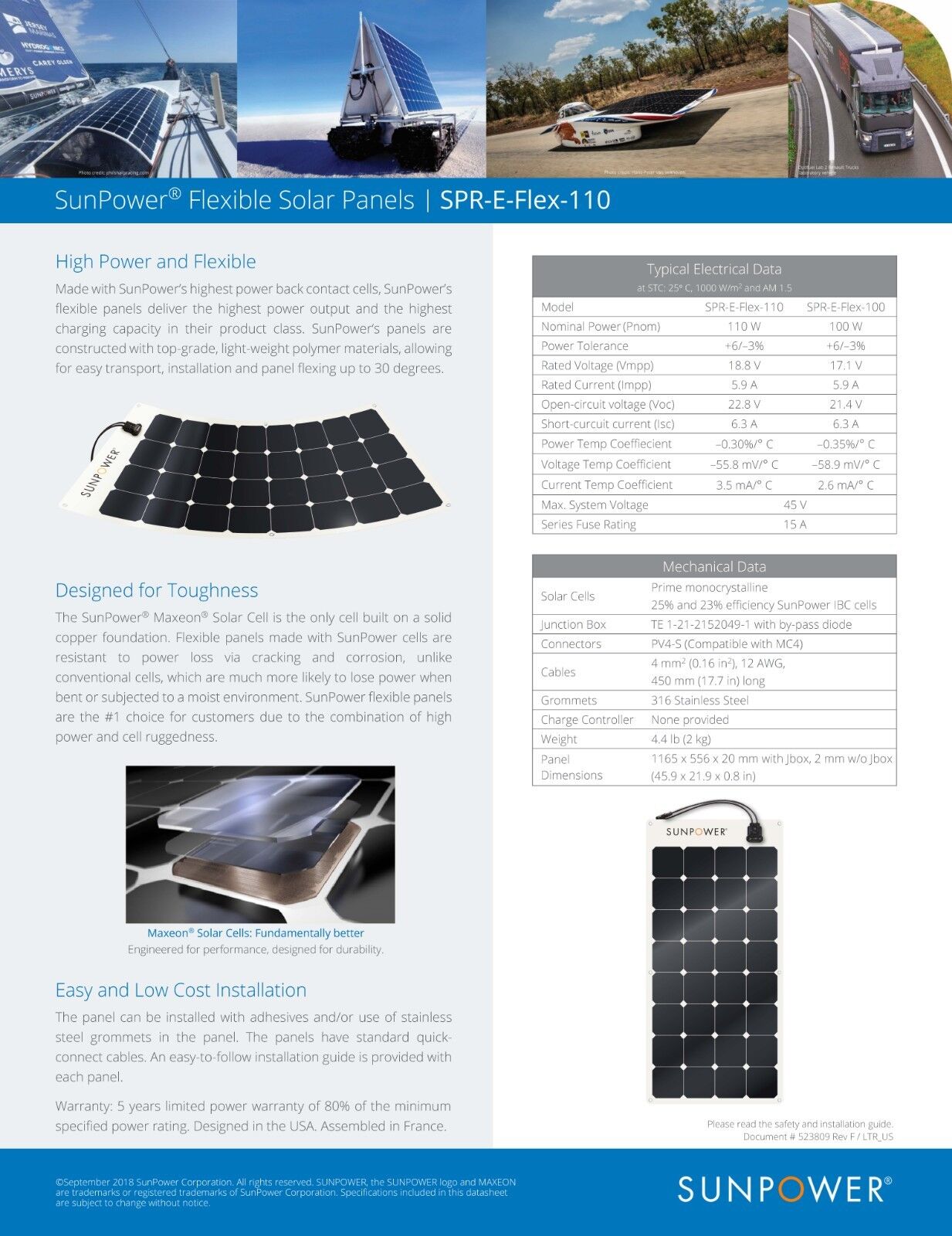 Full Battery Sunpower 100W Flexible Solar Panel (Pallet of 30)