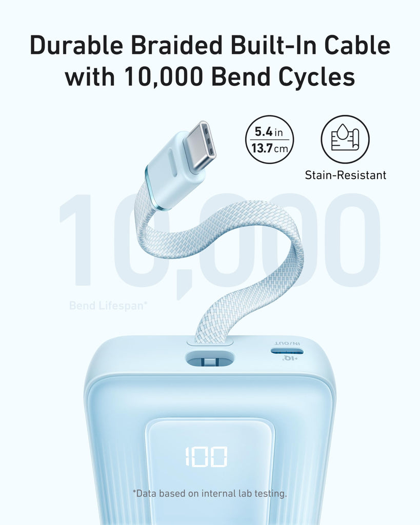 Anker Zolo Power Bank (10K, 30W) with a 5.4-inch (13.7 cm) built-in USB-C cable.