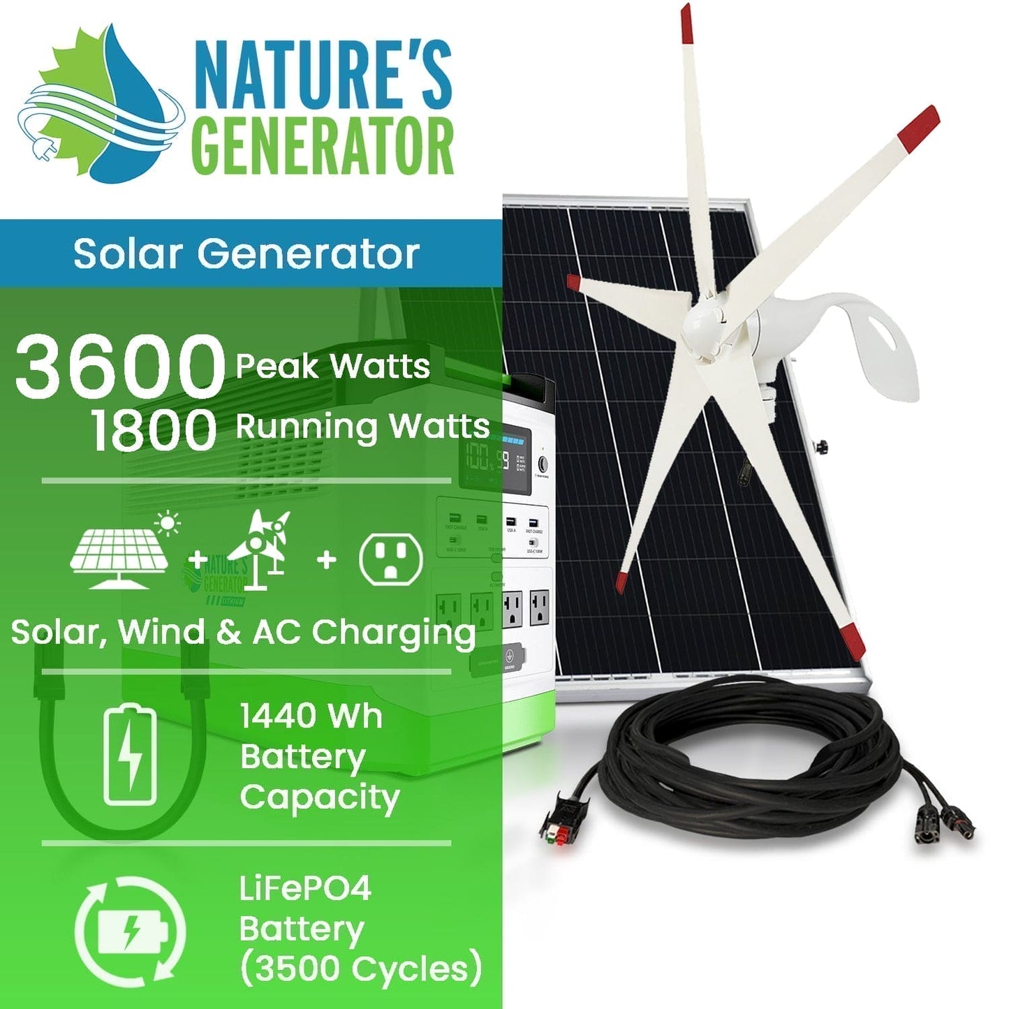 Nature's Generator High Capacity Lithium 1800 Solar & Wind Generator