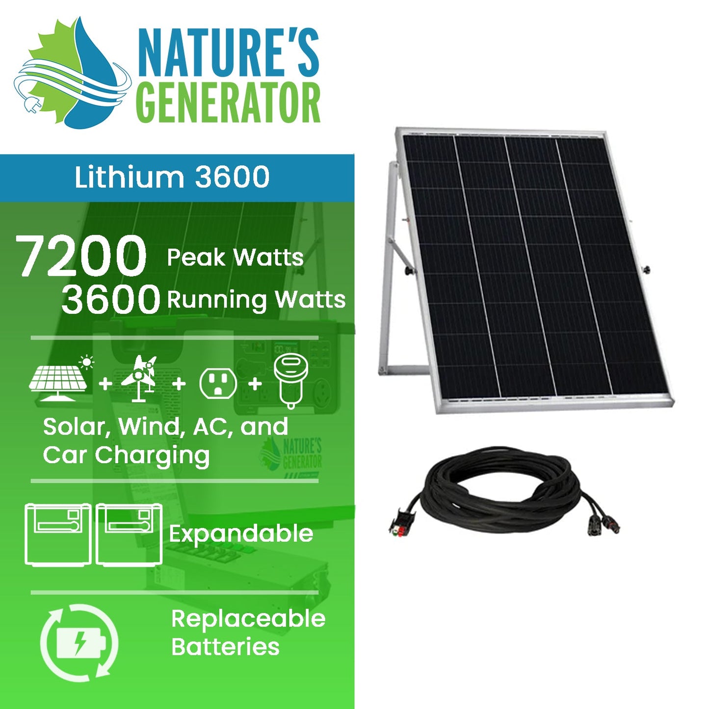 Nature's Generator Lithium 3600 Solar Generator & Transfer Switch