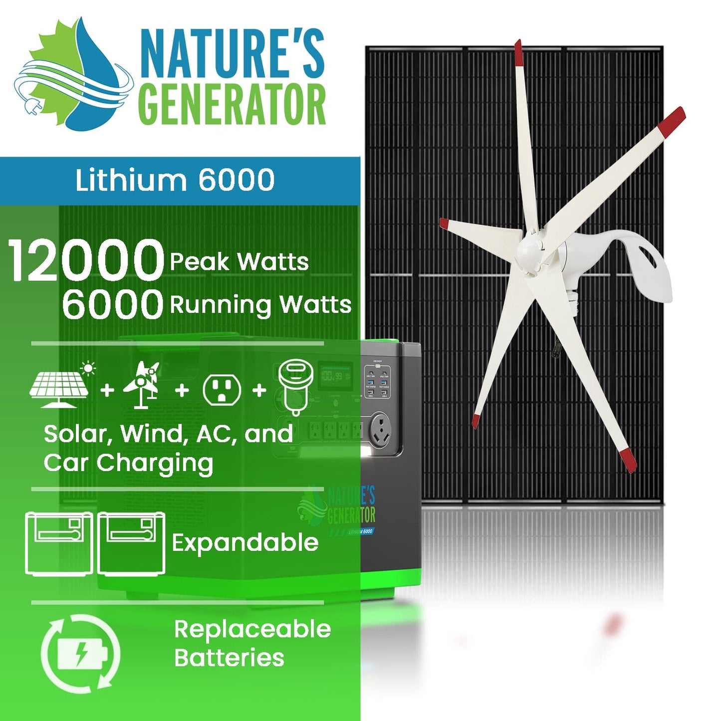 Nature's Generator Lithium 6000 w/ Solar Panels & Wind Turbine