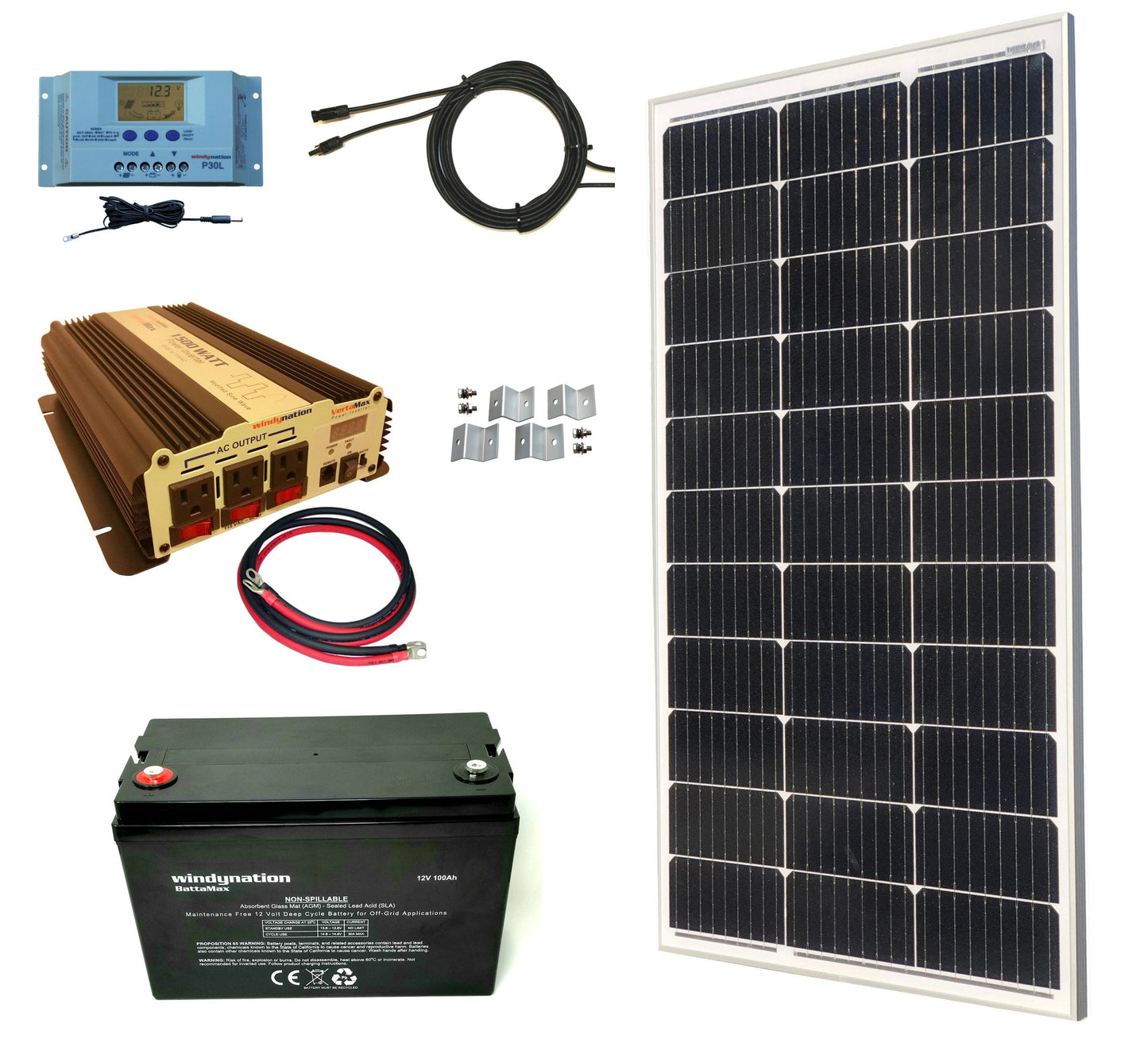 WindyNation 100-Watt Mono Solar Kits w/ P30L LCD Charge Controller