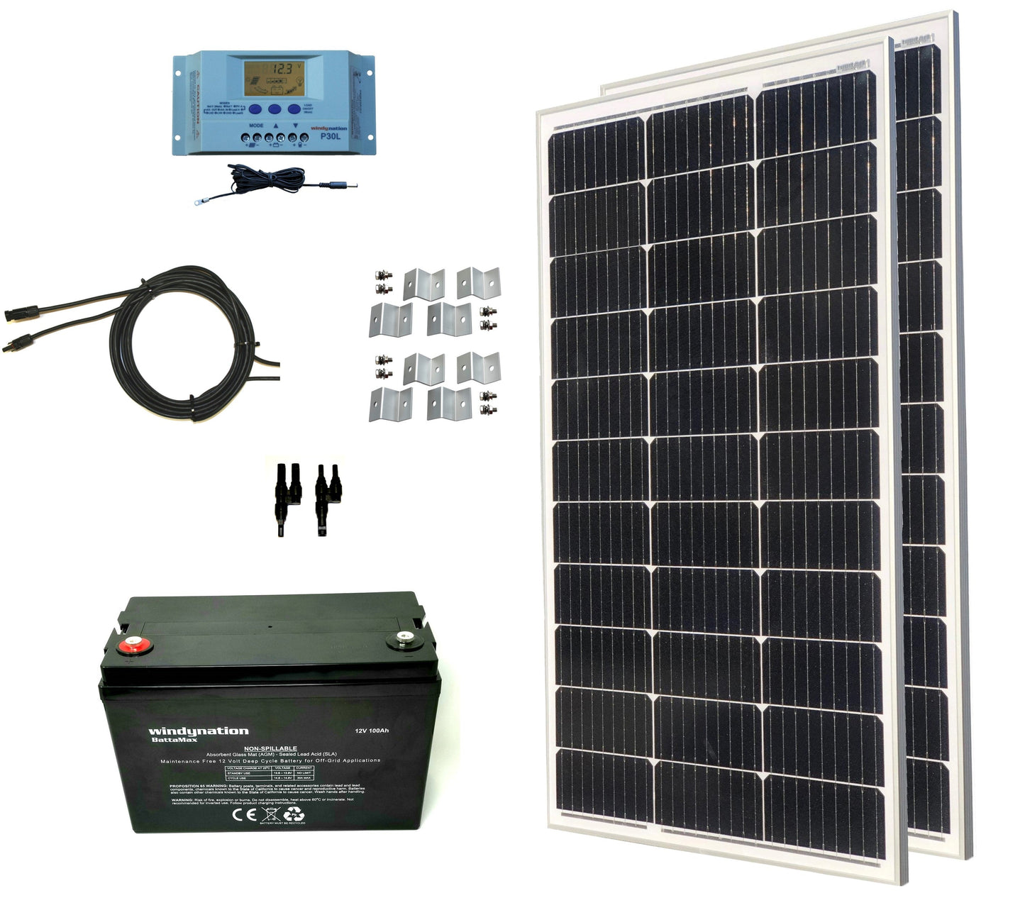 WindyNation 200-Watt Mono Solar Kits w/ P30L LCD Charge Controller