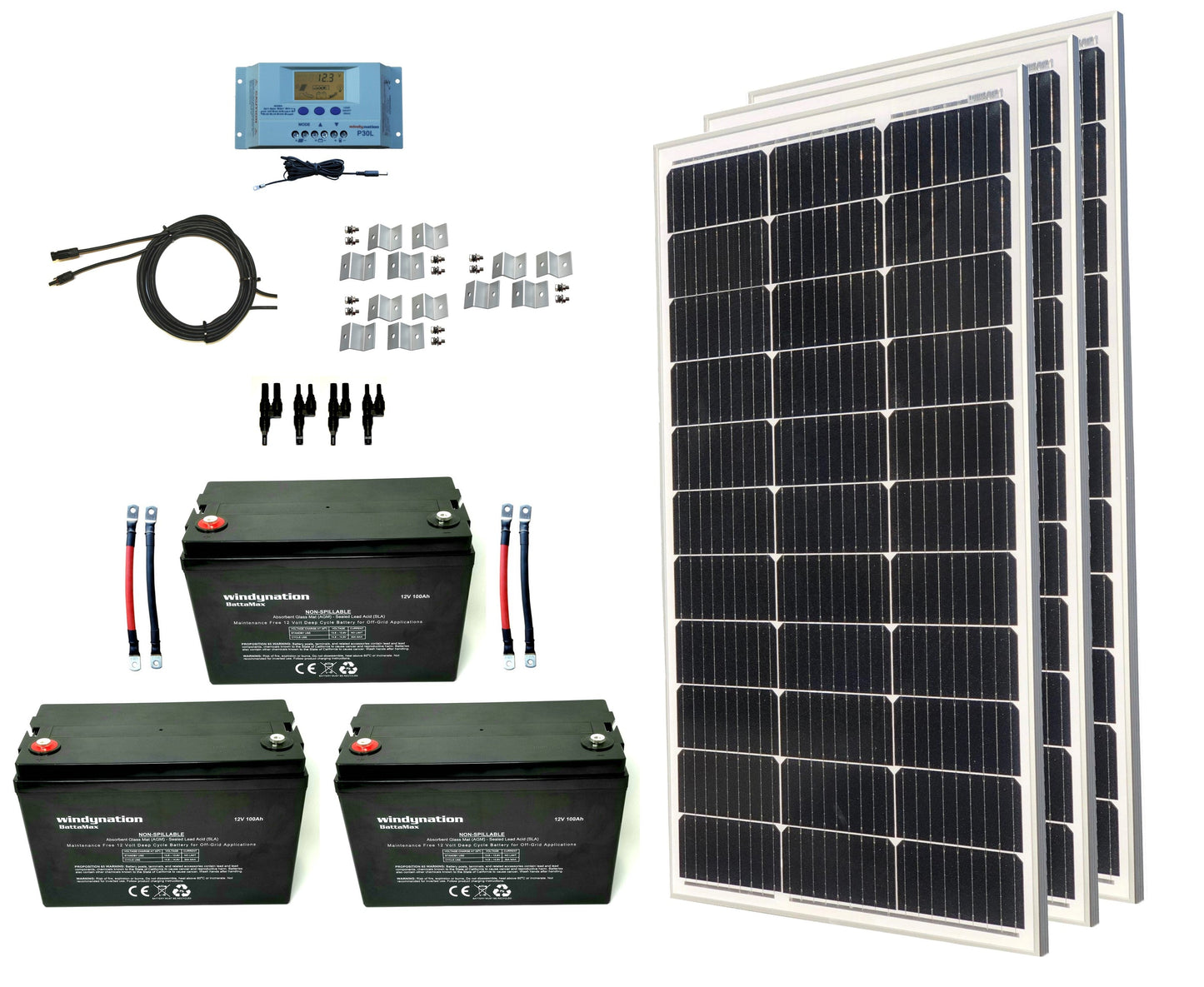 WindyNation 300-Watt Mono Solar Kits w/ P30L LCD Charge Controller