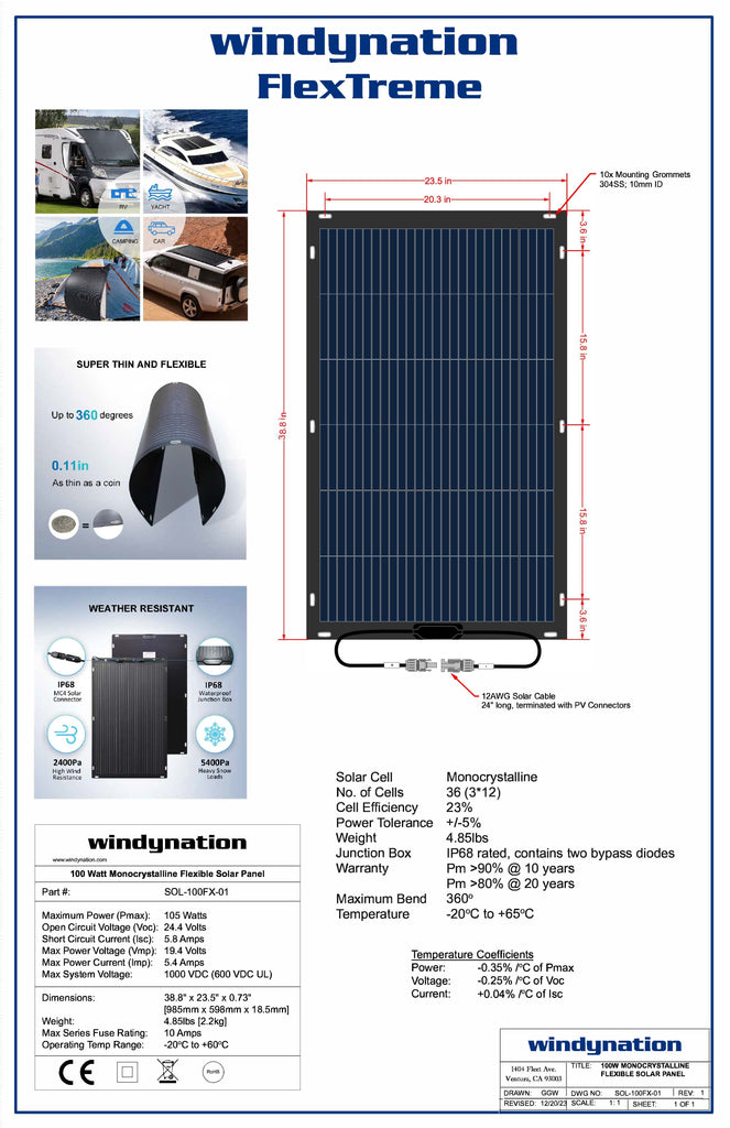 WindyNation 100 Watt 12V Flextreme Flexible Thin Lightweight Mono ETFE