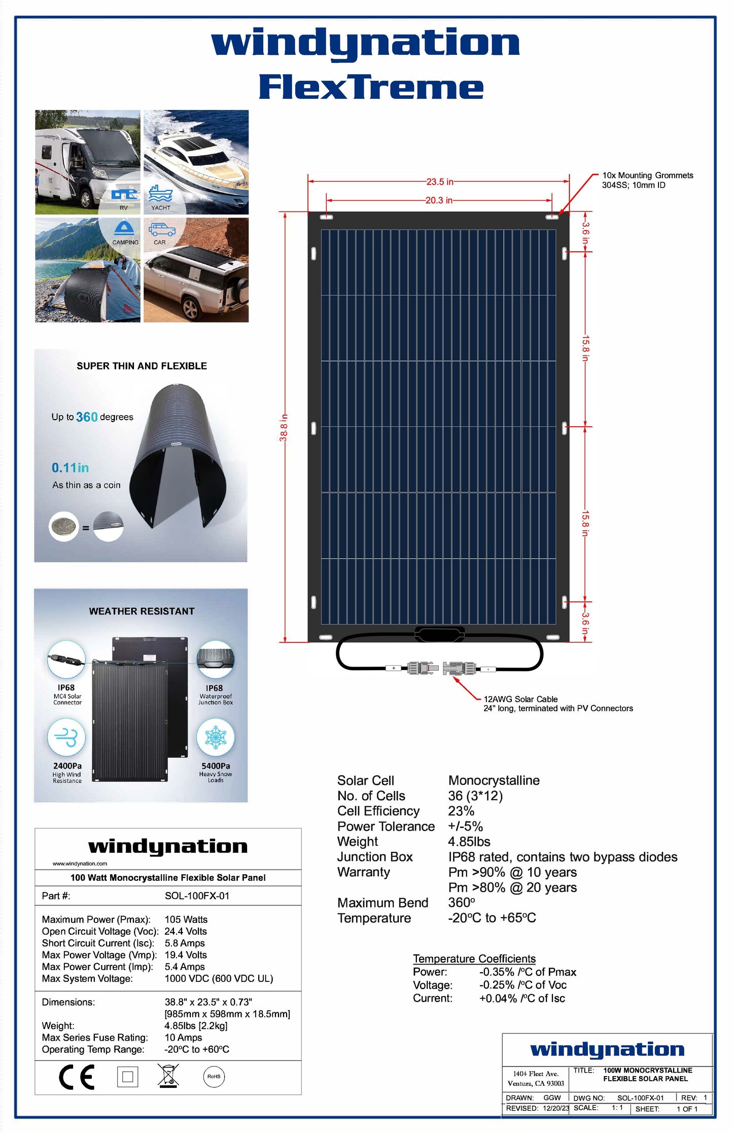WindyNation 100 Watt 12V Flextreme Flexible Thin Lightweight Mono ETFE