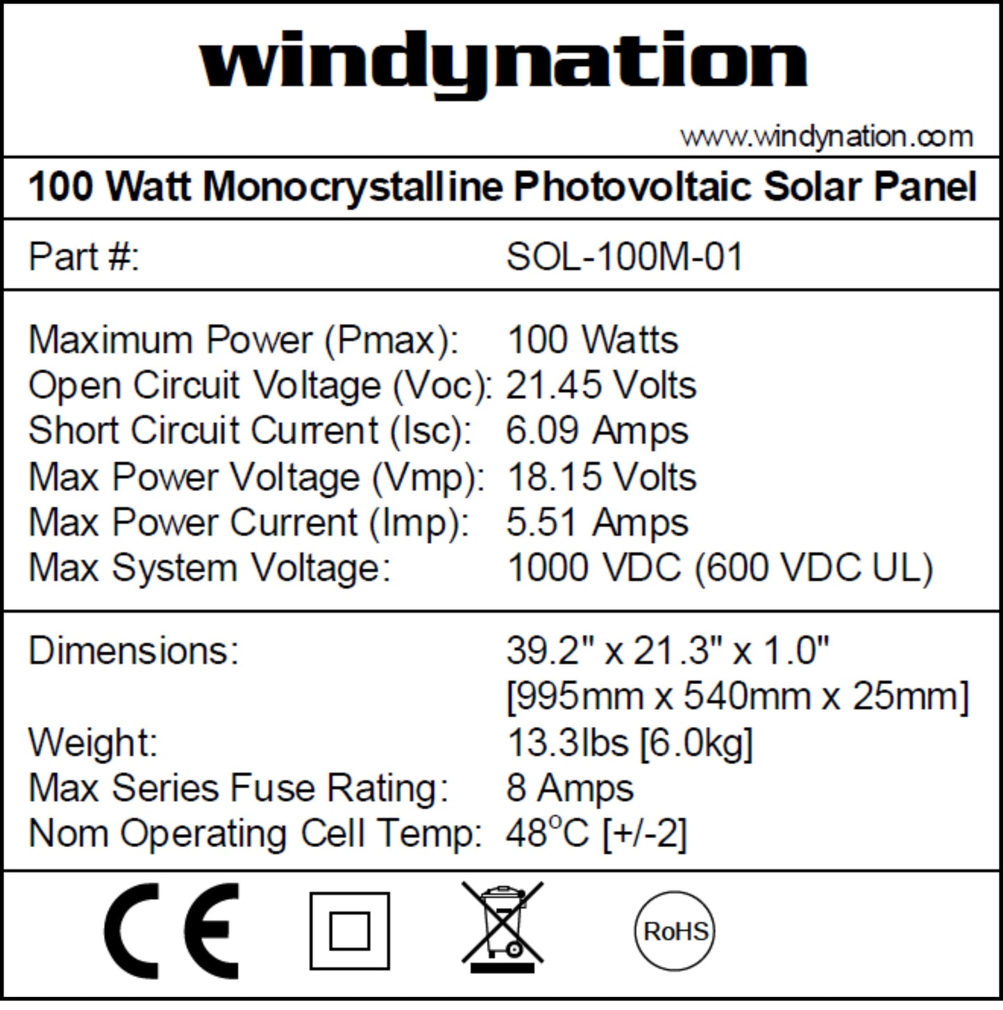 WindyNation 100 Watt 12-Volt Mono Solar Panel