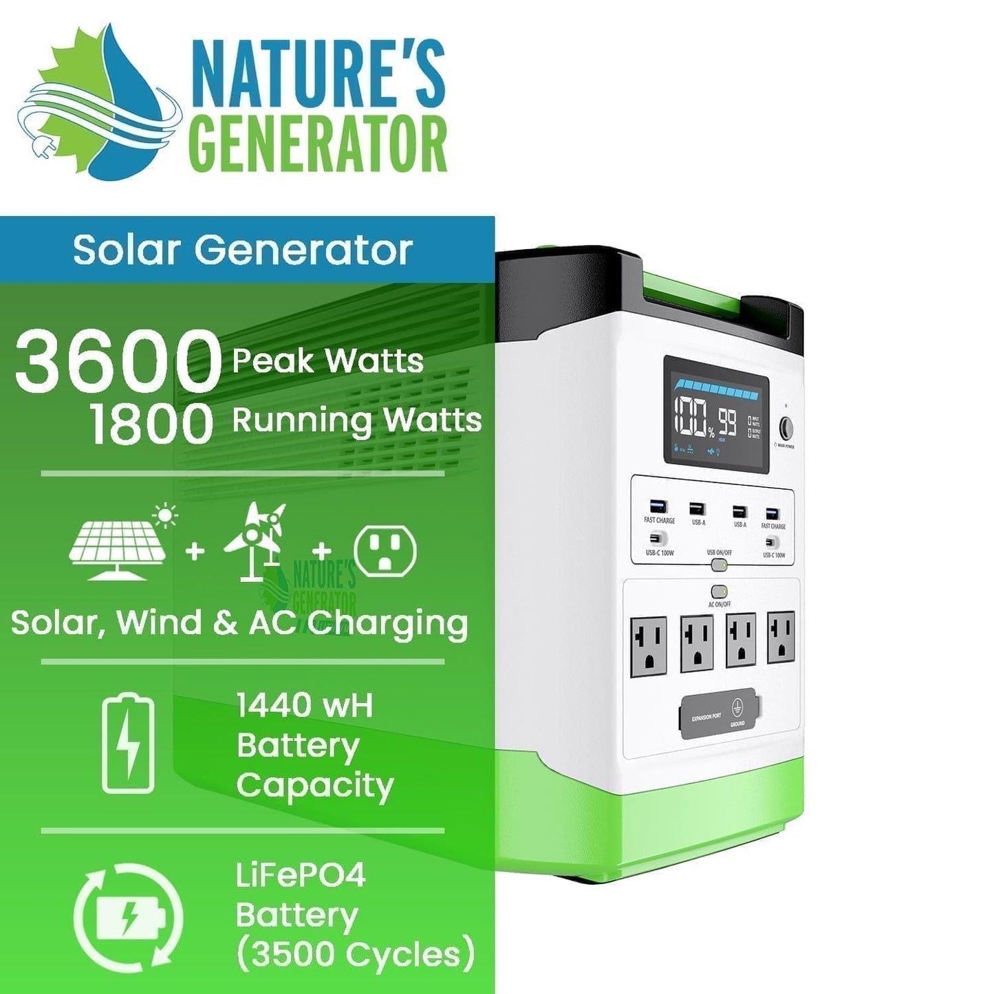 Nature's Generator High Capacity Expandable Lithium 1800 Power Station