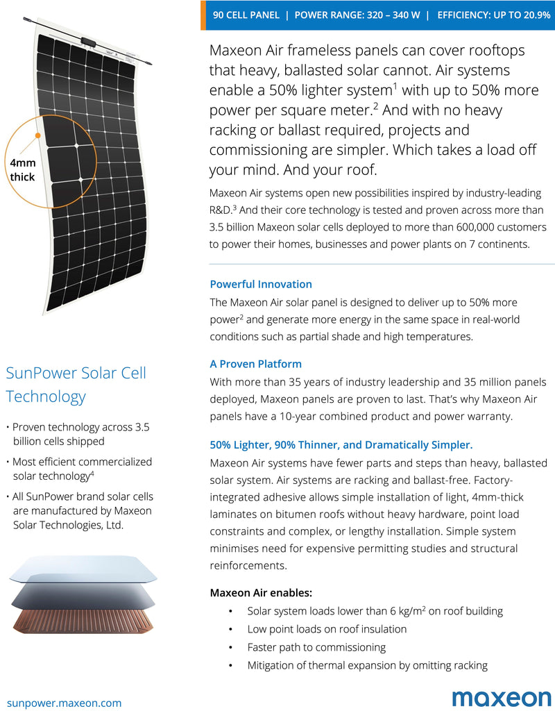Full Battery Sunpower Maxeon Air 330W Flexible Solar Panel