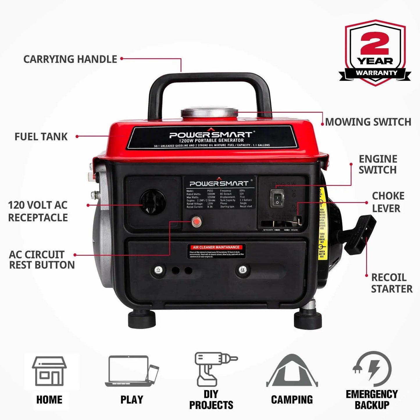 PowerSmart 1200W 2-Stroke Generator PS50/DB5010 product image 2