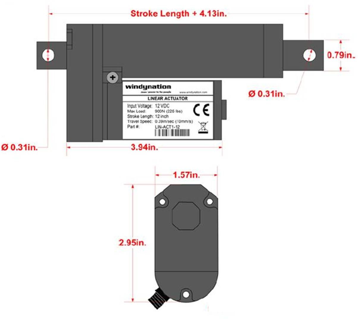 WindyNation Linear Actuators 12-Volt 225lbs + Mounting Brackets